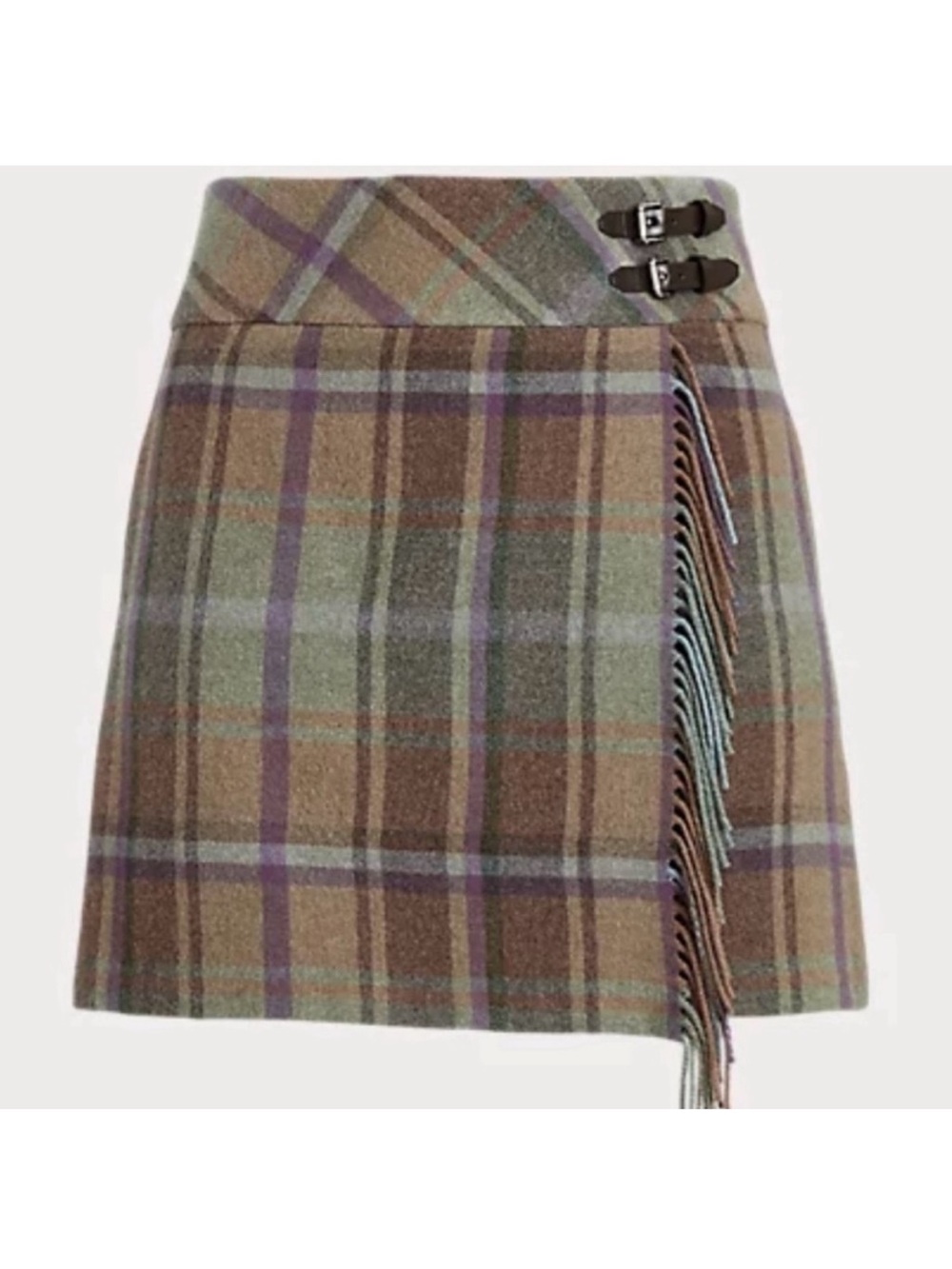 Lauren Ralph Lauren Plaid Fringe Trim Tweed Mini Skirt Buckles Sz 12 Wool Blend - Picture 15 of 15